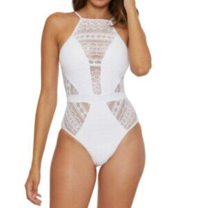 BECCA One Piece White Crochet Open Back Small Bathing Suit
